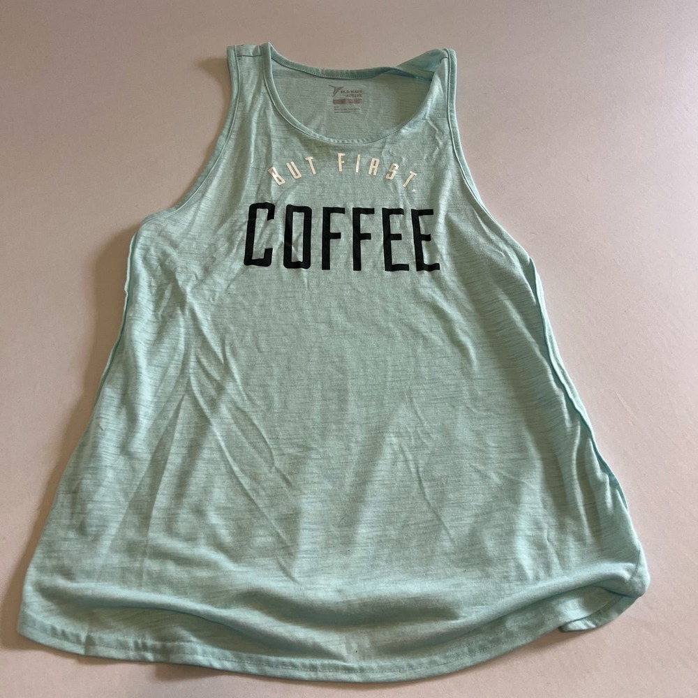 Old Navy Active light blue graphic workout tank top 'but first coffee' S